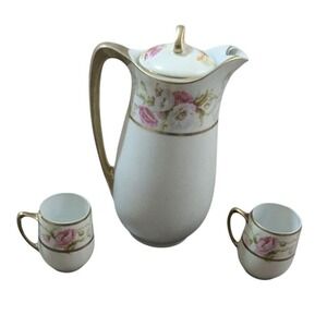 Bavaria Vintage‎ Porcelain Chocolate Pot Set Pink Roses Gold Trim Pitcher 2 Cups